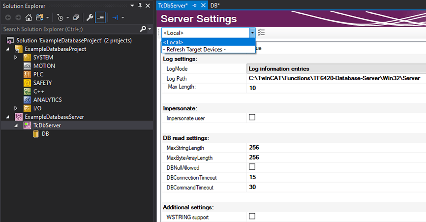 Select Database Server Target AMS Net ID