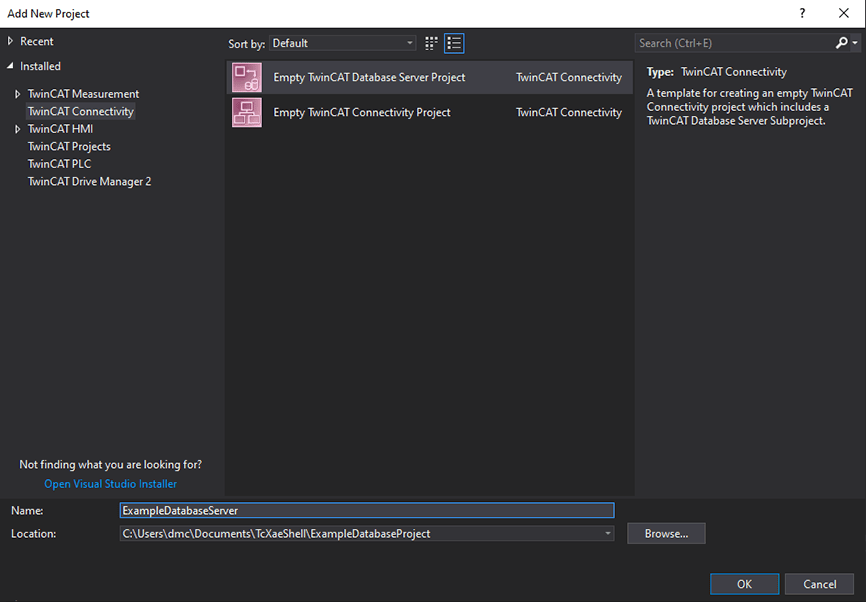 Empty TwinCAT Connectivity Database Server Project